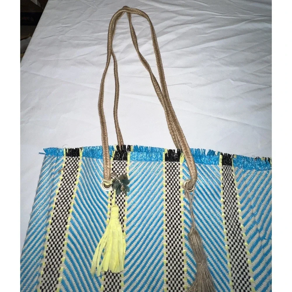 Boho Blue, Yellow and‎ Black Striped Tote Market Bag